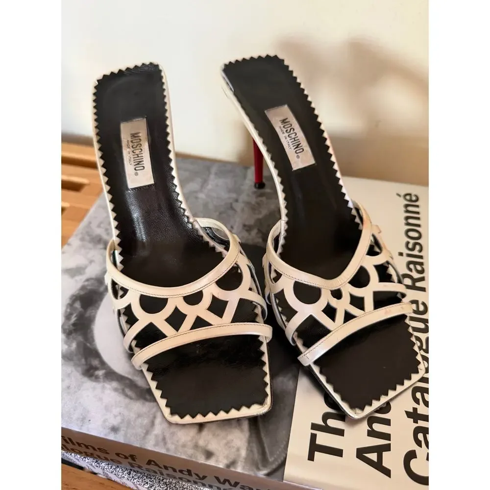 Vintage Moschino White Leather Cutout Slide Sandals Red Heels EU 38 Italy